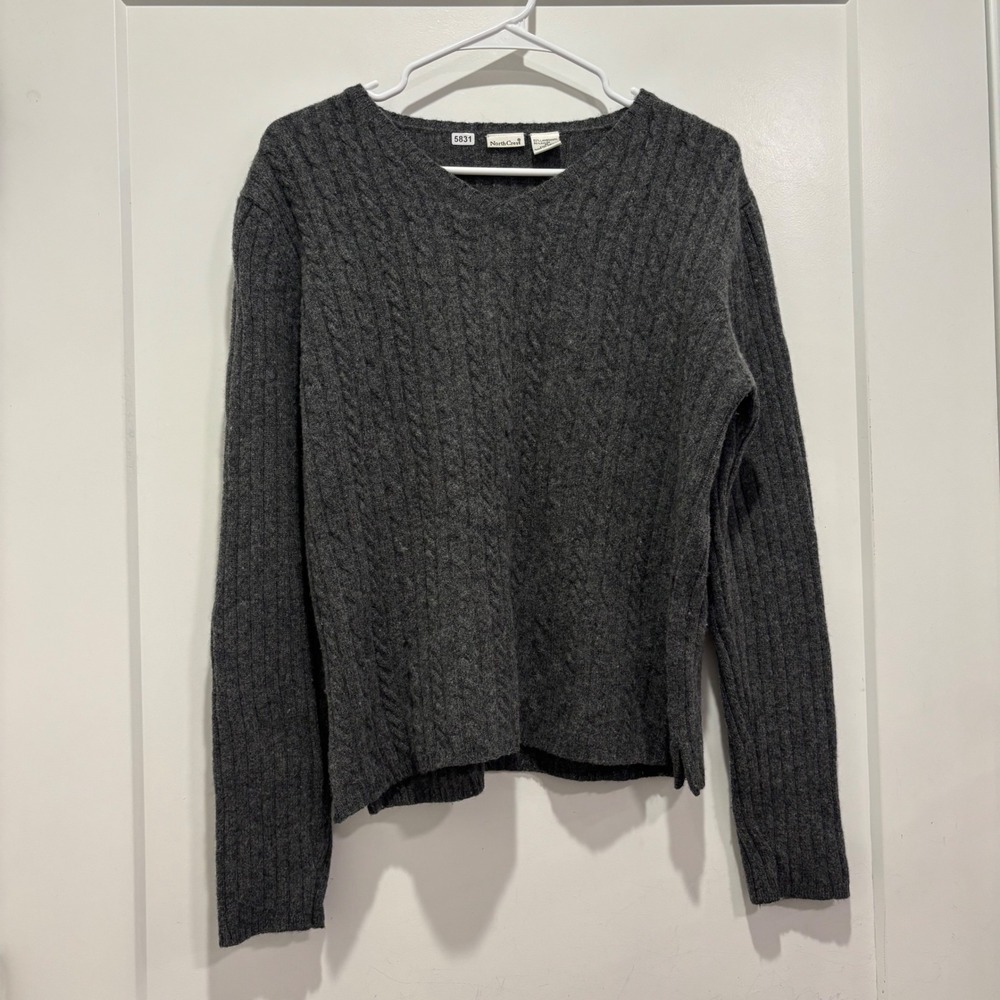 NorthCrest Womens Gray Lambswool Blend Cable Knit V-Neck Sweater Size M 10-12